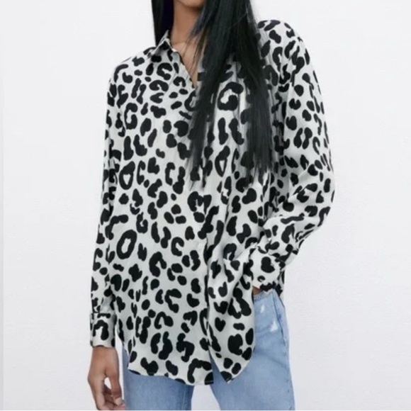 ZARA BLACK WHITE ANIMAL PATTERN LONG SLEEVE BLOUSE WOMENS SZ MEDIUM - Picture 7 of 8